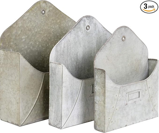 Red Co. Set of 3 (9”, 11”, 13”) Decorative Rustic Wall Mounted Galvanized Metal Wall Pocket Storage Bins by RedCo