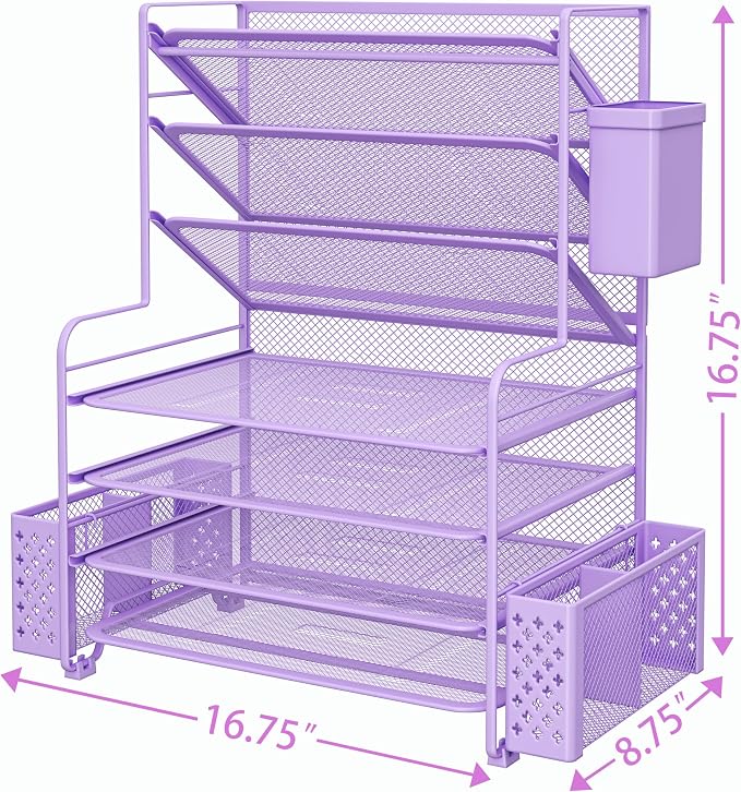 Simple Trending 7 Tier Desk File Organizer, Letter Tray Paper Organizer with Pen Holder and Metal Hanging Basket, Purple - Image 3