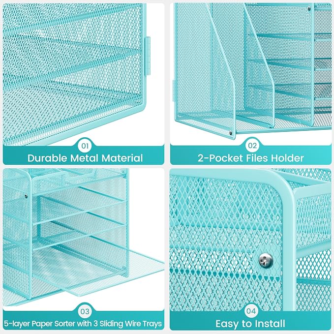 Lavatino 5-Tier Desk Organizer with 2 File Holders, Metal Adjustable Paper Letter Tray for Office or Home Desk Organizers and Accessories | 7 Flexible Dividers Keep Workspace Supplies Neat, Blue - Image 6
