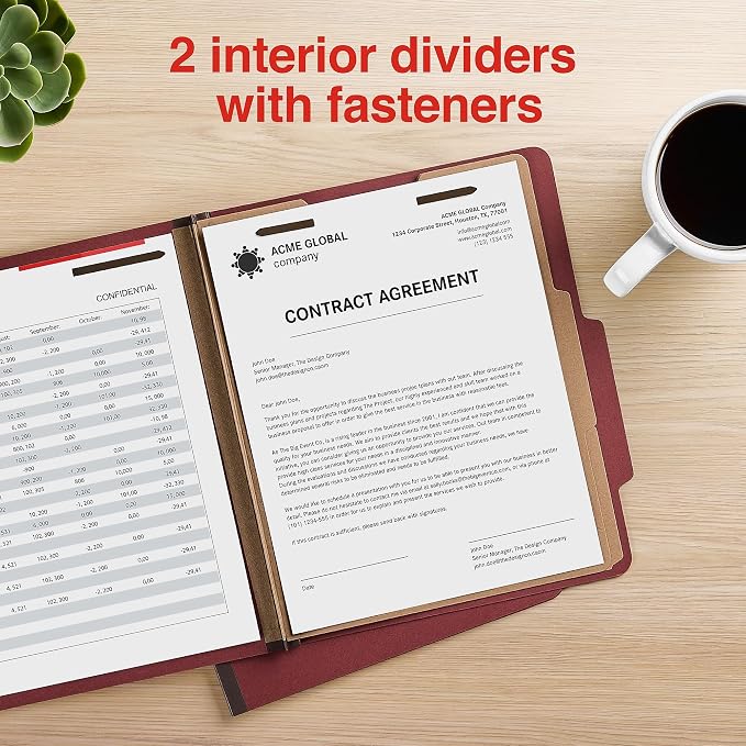 Staples 100% Recycled Heavy‑Duty Classification Folder, Letter Size, 2 Dividers, 2″ Expansion, Red Pressboard, 10/Box - Image 4