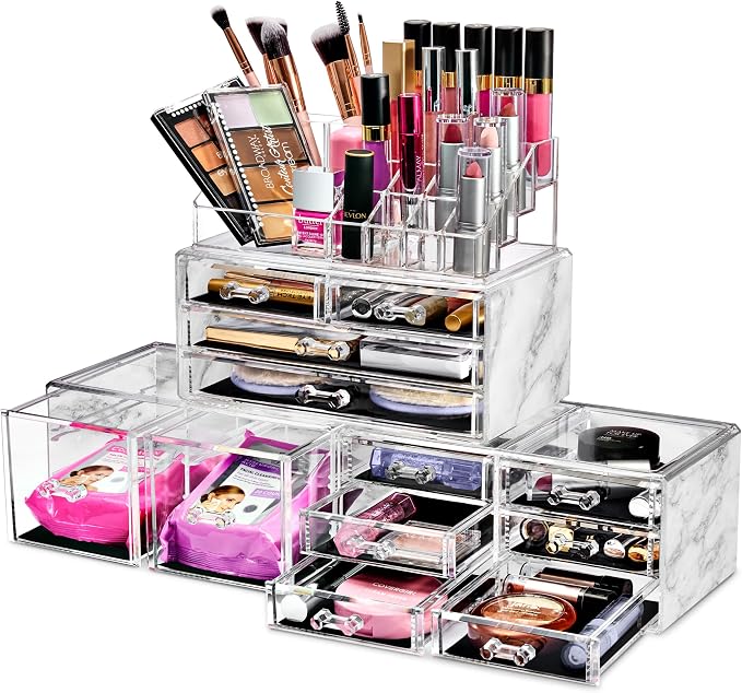 Sorbus Large Makeup Organizer - Clear Stackable Jewelry & Makeup Organizer For Vanity, Bathroom Storage, Dresser - 12 Drawers Cosmetic Beauty Organizers and Storage with Lipstick, Makeup Brush Holder by Sorbus