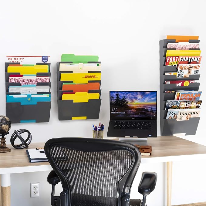 Wallniture Lisbon 15-Tier Wall Mounted File Holder and Desk Organizer, Metal Gray Office Organization and Storage Rack - Image 2