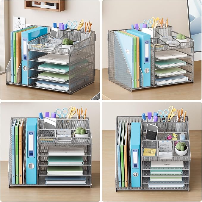 Lavatino 5-Tier Metal Mesh Desk Organizer with 2 File Holders & 7 Customizable Compartments | Paper Letter Tray for Office or Home Desk Storage | Keep Workspace Supplies Neat & Organized, Silver - Image 5