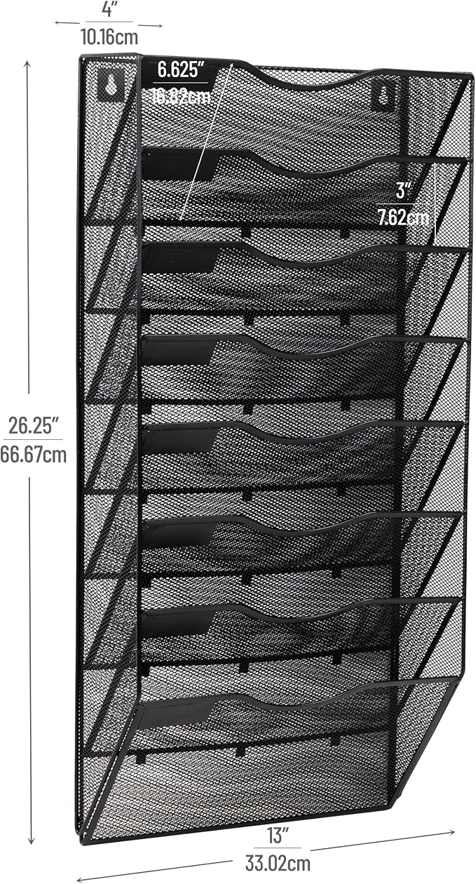 Mind Reader Wall File Organizer, 8 Pocket Hanging Document Rack, Office Wall Mount, Metal Mesh, Black - Image 3