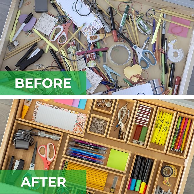 Grow Forward Bamboo Drawer Organizer Boxes - Set of 7 Wooden Drawer Organizers for Kitchen, Bathroom, Office, Desk, Vanity, Makeup - Non-Slip Junk Drawer Organizer Trays for Storage and Organization - Image 4