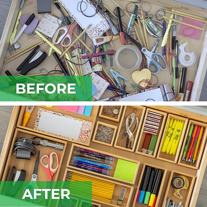 Grow Forward Bamboo Drawer Organizer Boxes - Set of 21 Wooden Drawer Organizers for Kitchen, Bathroom, Office, Desk, Vanity, Makeup - Non-Slip Junk Drawer Organizer Trays for Storage and Organization - Image 4