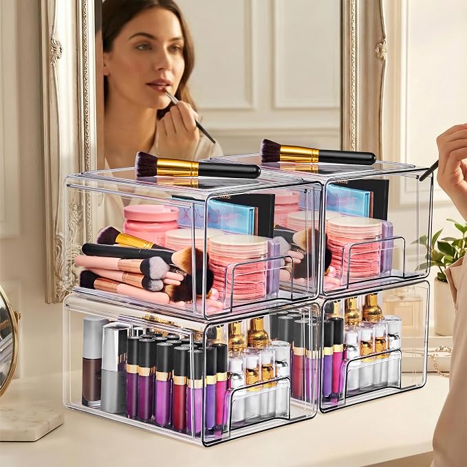 Sorbus Large Clear Stackable Storage Drawers 4-Pack Plastic Organizer Bins with Handles Pull-Out Drawers for Bathroom Closet, Medicine, Cabinet, Pantry Storage, Baby Bottle Organizer - Image 2