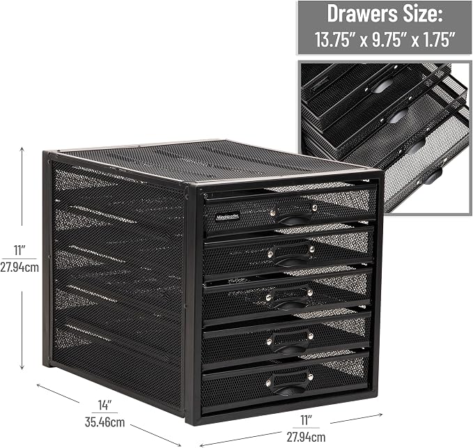 Mind Reader File Storage Drawers, Desk Organizer, Multi-Purpose, Crafts, Office, Metal Mesh, 11"L x 14"W x 11"H, Black, 5 Drawer - Image 2