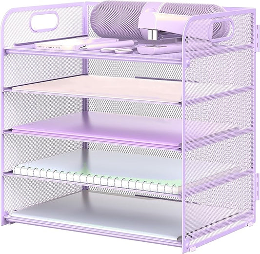Letter Tray Paper Organizer 5-Tier Desk Organizer File Organizer Paper Holder with Handle, Metal Desktop Document Shelf Tray Office Classroom Organization - Purple by Sinboun