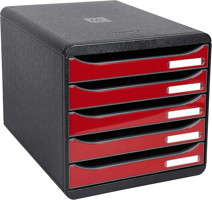 Exacompta - Ref 3097218D - BIG-BOX PLUS Desktop Drawer Set - 5 x 43mm Drawers, Suitable for A4+ Documents, 347 x 278 x 271mm, 100% Recycled Plastic - Black/Glossy Dark Red - Image 8
