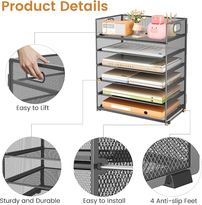 Subekyu 6-Tier Desk Paper Organizer, Desktop File Letter Tray with Handle, Document Sorter and Accessories Holder for Office, Home and School Workspace Organizers, Gray-2 Pack - Image 5