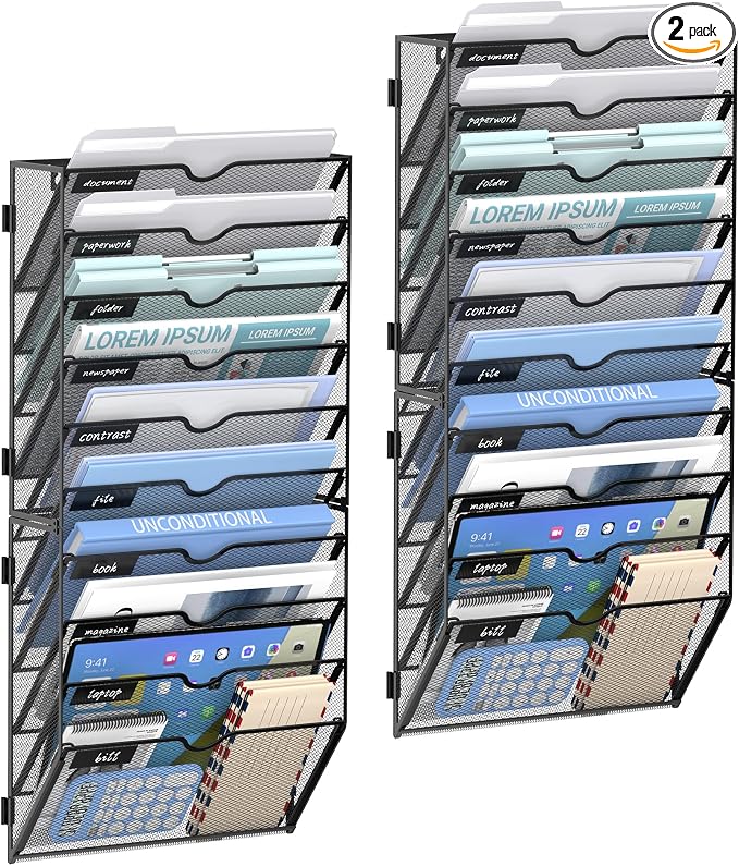 10-Tier Wall File Organizer and Hanging File Organizer, Black, 2Pack | Wall Organizer and Wall Mounted File Holder with 10 Pockets and Label Panels for Files, Mail, Folders, Magazines and Paper by JMHUD