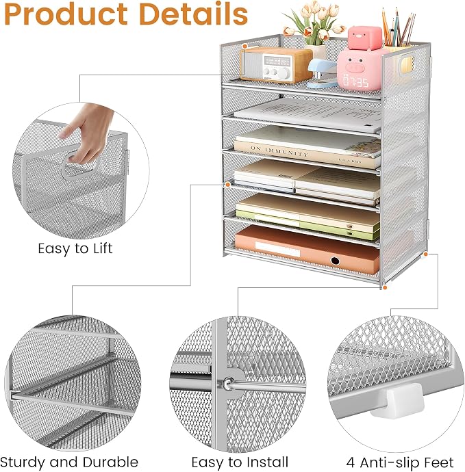Subekyu 6 Tier Paper Organizer for Desk with Handle, Metal Mesh Desk Office File Folder Paper Letter Tray Accessories Organizer Sorter for Home, School, Office Desktop Document Organization - Silver - Image 5