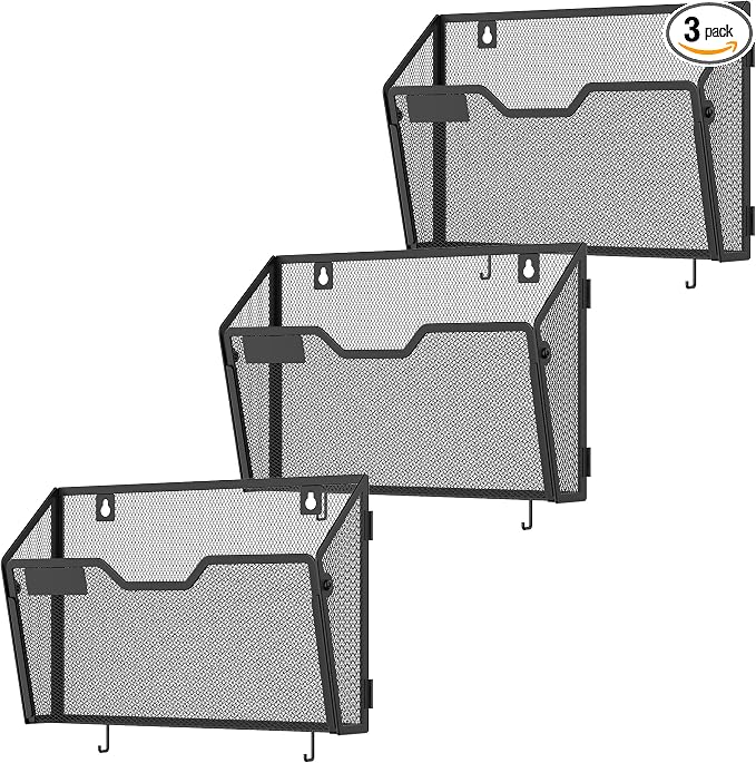 Docnest 3 Pack Mesh Wall File Holders with Hooks for Mail, Black | Space-saving vertical design with utility hooks. Ideal paper document organizer for office, home, and school by DocNest