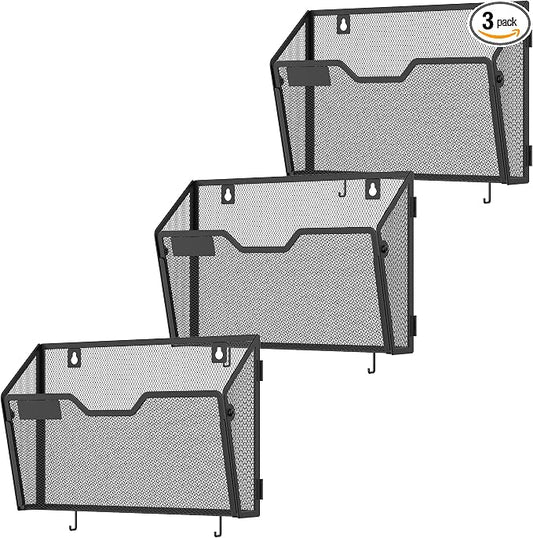 Docnest 3 Pack Mesh Wall File Holders with Hooks for Mail, Black | Space-saving vertical design with utility hooks. Ideal paper document organizer for office, home, and school by DocNest