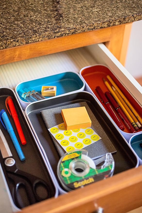 Three by Three Seattle Metal Drawer Organizer Tray Set, 10-Pc (Gray Mix) | Colorful food-safe metal bins; soft non-scratch base; organize utensils, makeup & supplies across every room - Image 5