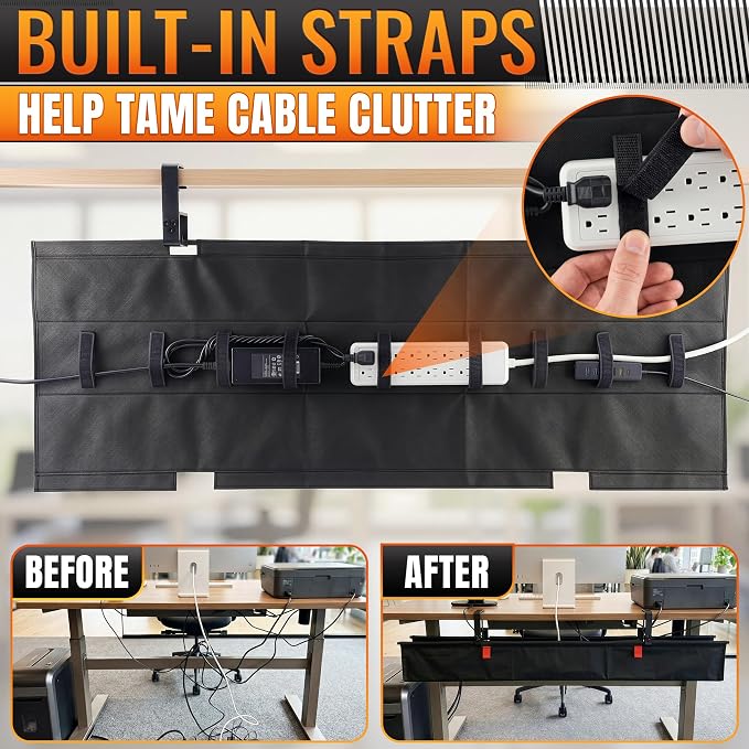Under Desk Cable Management Tray 48" — No Drill Clamp-On Cord Organizer for Desk with Built-in Ties, Heavy Duty Metal Clamp, Foldable 600D Oxford Fabric for Home Office, WFH & Gaming PC Setup (Black) - Image 3