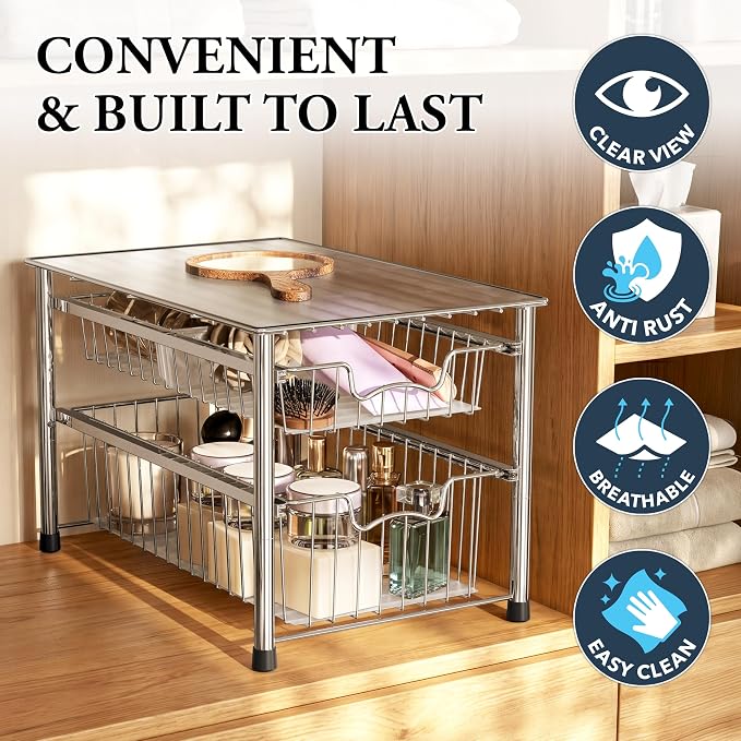 Simple Houseware Stackable 2 Tier Sliding Basket Organizer Drawer, Chrome - Image 5