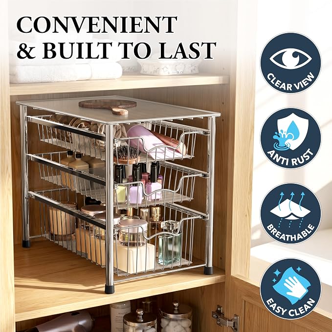 Simple Houseware Stackable 3 Tier Sliding Basket Organizer Drawer, Chrome - Image 5