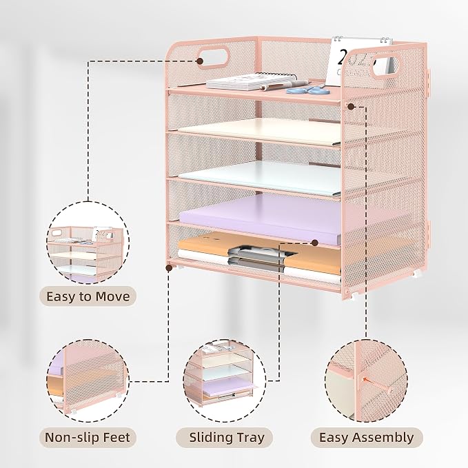 2 Pack 5-Tier Pink Desk Organizer with Handle Mesh Desk File/Paper Organizer Letter Tray for Office, School, Classroom and Home Easy Installation - Image 3
