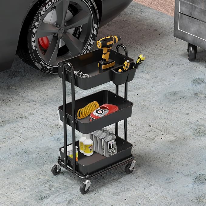 Simple Houseware 3-Tier Rolling Utility Cart with Hanging Bucket, Black | Storage for Bathroom, Kitchen, Office, Study Room, Nursery Diaper - Image 6
