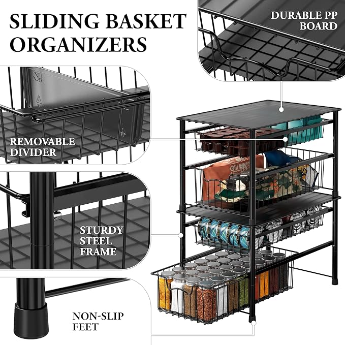Simple Houseware Stackable Sliding Basket Organizer Drawer, Black, 2-Tier - Image 4