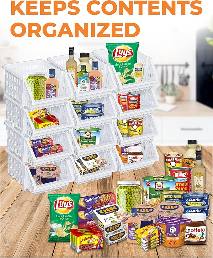 Small Stackable Storage Bins Open Front for Pantry Storage, 8 Pack - White | Sturdy Plastic, Easy Stacking, Open Front Access, Ventilated Sides, Vertical & Space Saving Pantry Organizers and Storage Bin - Image 3