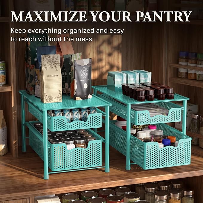 Simple Houseware Stackable 2 Tier Sliding Basket Drawer, Turquoise - Image 7