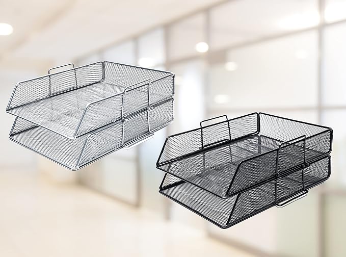 EXERZ Paper Sorter 2pcs Tier Stackable A4 Desk Organiser Letter Tray Silver | Durable Metal Mesh Holds Papers Files Folders Notebooks And Magazines For Office Home Study Classroom Desks - Image 8