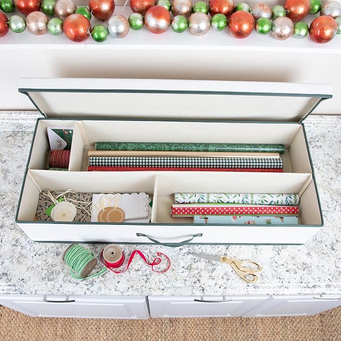 Household Essentials Holiday Gift Wrap Organizer with Lid, Natural and Green - Image 5