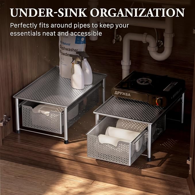 Simple Houseware Stackable Cabinet Basket Drawer Organizer, Silver - Image 6