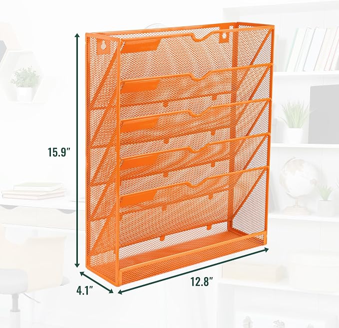 6 Tier Mesh Hanging Wall File Organizer, Desk Vertical Mail Paper Document Folder Holder Rack with Bottom Tray and Nametag Label for Office Home School, Orange - Image 2
