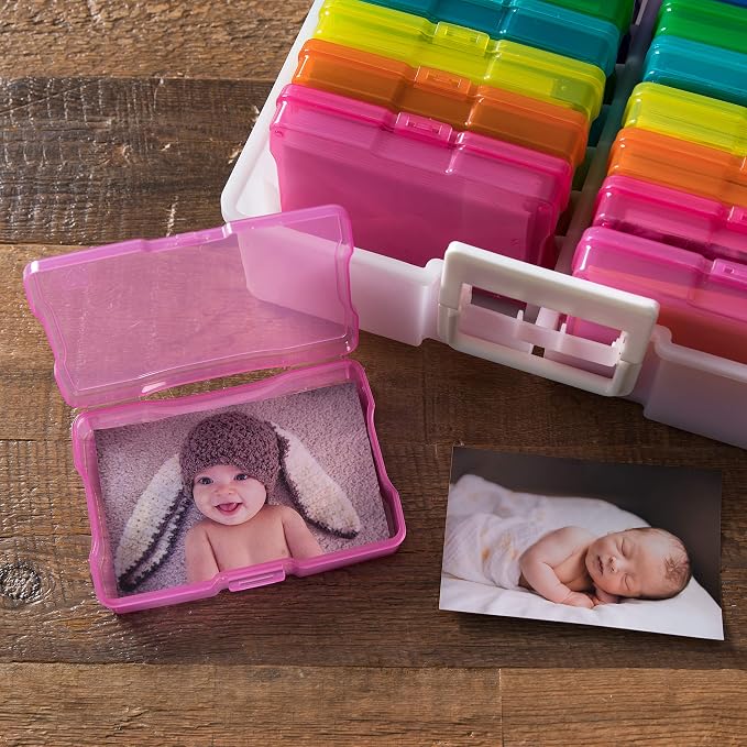 IRIS USA Photo Storage Box |Made in USA| 16 Cases - (2-Pack) - Pearl/Multi | Fits 4" x 6" Pictures / Built-In Handle / Organizing Containers for Tasks, Stickers, Ephemera & Flashcards - Image 7