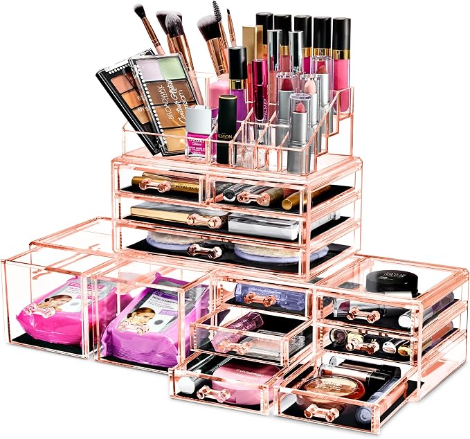 Sorbus Large Makeup Organizer - Clear Stackable Jewelry & Makeup Organizer For Vanity, Bathroom Storage, Dresser - 12 Drawers Cosmetic Beauty Organizers and Storage with Lipstick, Makeup Brush Holder by Sorbus
