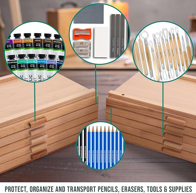U.S. Art Supply 10-Drawer Artist Tool Supply Box with 5 Compartments per Drawer - Hardwood Art Box for Artist Supplies, Brushes, Pencils, Erasers, Tool Storage Organizer Case - Image 6