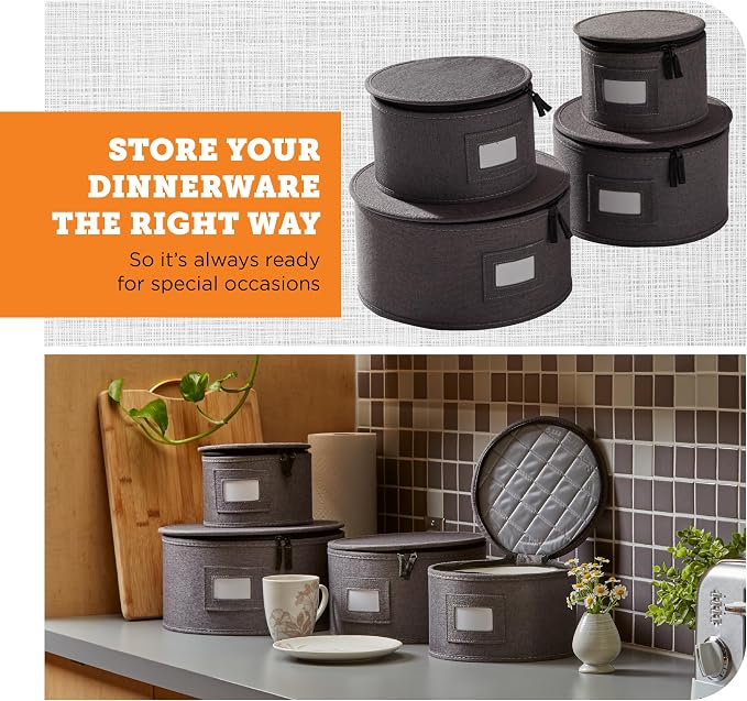 4-Piece Quilted China Plate Storage Set | Felt Dividers | Gray | 4-Piece Quilted Plate Set - Dinner, Salad, Dessert & Saucer Cases, 12 Plates Each. Felt Dividers, Dual Zippers. - Image 2