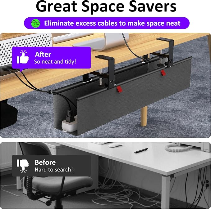 Under Desk Cable Management Tray - Under Desk Cord Management - Clamp/Screw Mount - Fabric Wire Management - Cable Raceways Tray Cord Hiders for Office/Home (Black, 28.6"×5.6") - Image 6