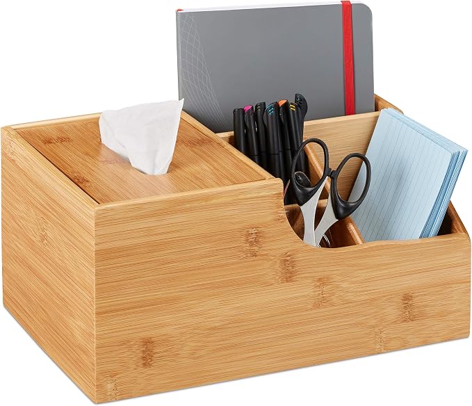 Relaxdays Office Organizer, Desk Supplies Or Make-Up, 4 Compartments & Tissue Dispenser Box, Bamboo, 14x29x19.5 cm, Natural by Relaxdays