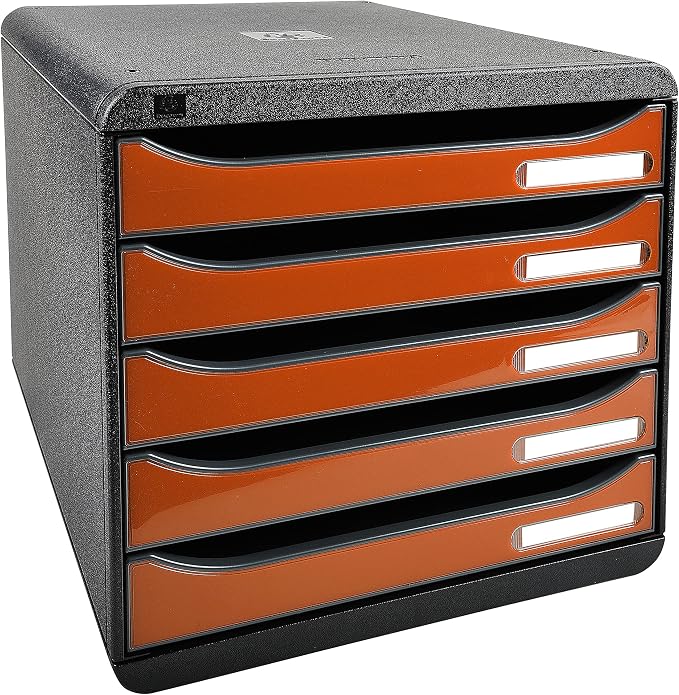 Exacompta - Ref 3097288D - Big-Box Plus Desktop Drawer Set - 5 x 43mm Drawers, Suitable for A4+ Documents, 347 x 278 x 271mm, 100% Recycled Plastic - Black/Glossy Tangerine - Image 8