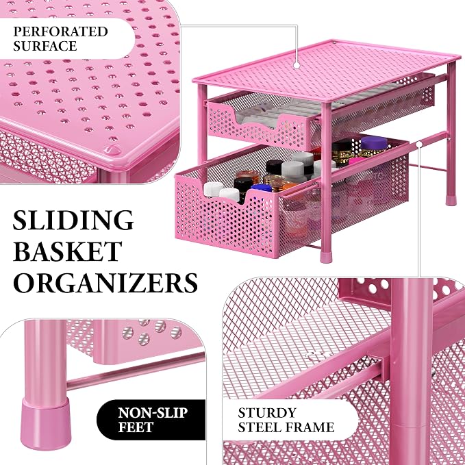 Simple Houseware Stackable 2 Tier Sliding Basket Organizer Drawer, Pink - Image 4