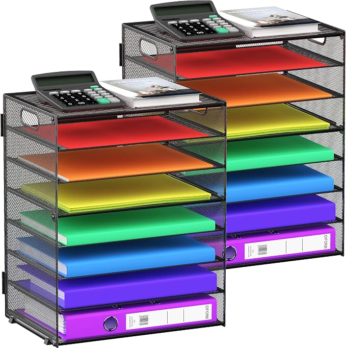 8 Tier Paper Letter Tray Organizer with Handles (Black-2Pack) | Mesh Desk File Holder Storage Organization for Home School Classroom & Office by GoldOrcle