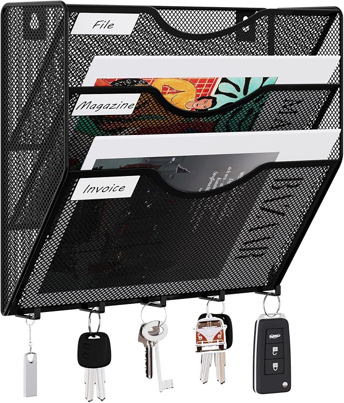 EasyPAG 3 Pocket Mesh Wall File Organizer with Key Hooks, Hanging Paper Folder Holder with Classify Label, Vertical Wall Mount Mail Organizer for Office Home Classroom, Black by EasyPAG