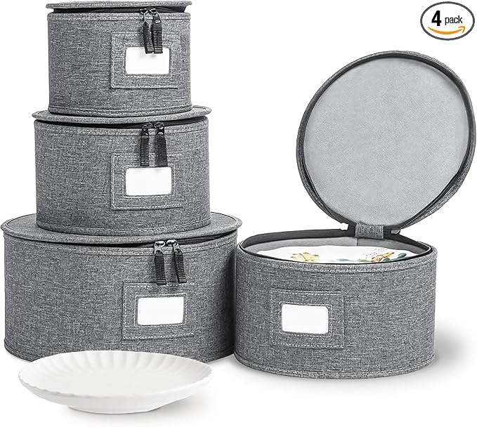 4-Piece China Plate Storage Set | Hard Shell Dividers | Gray | 4 Hard Shell Plate Cases - Dinner, Salad, Dessert & Saucer, 12 Plates Each, 48 Total. Felt Dividers, Stackable. by storageLAB
