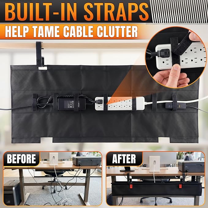 Under Desk Cable Management Tray 36" — No Drill Clamp-On Cord Organizer for Desk with Built-in Ties, Heavy Duty Metal Clamp, Foldable 600D Oxford Fabric for Home Office, WFH & Gaming PC Setup (Black) - Image 3
