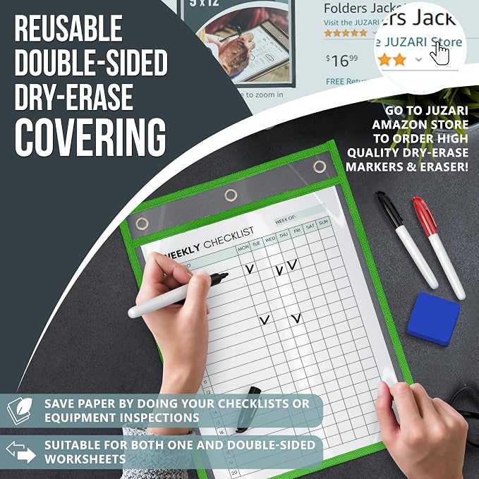 35 Pack Job Ticket Holders 9x12 inch - Colored Work Order Plastic Sleeves - Shop Ticket Holders - Reusable Dry Erase Pocket Sleeves - Sheet Protectors Heavy Duty - Clear Paper Sleeves Protector - Image 7
