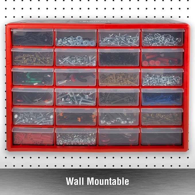 24 Plastic Drawers Organizer - Compartment Storage - Desktop and Wall Mount Container for Hardware, Parts, Crafts, Beads, and Tools by Stalwart (Red) - Image 5