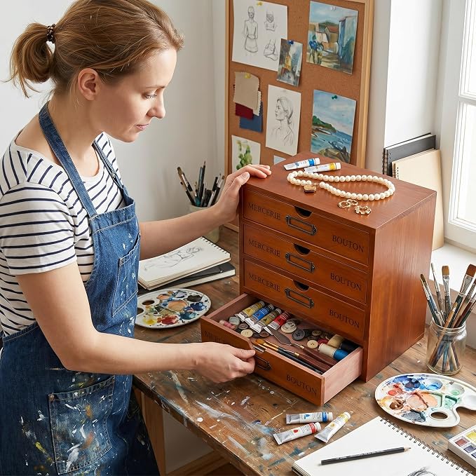 Wesiti Wooden Desk Organizer with 4 Drawers, Vintage Rustic Storage Cabinet for Home Office, Craft Room, Jewelry, Sewing Supplies - Apothecary Wood Desktop Drawer Box, Pre-assembled, Brown - Image 2