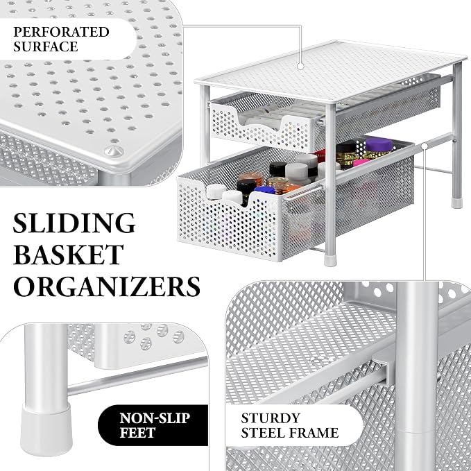 Simple Houseware Stackable 2 Tier Sliding Basket Organizer Drawer, White - Image 4