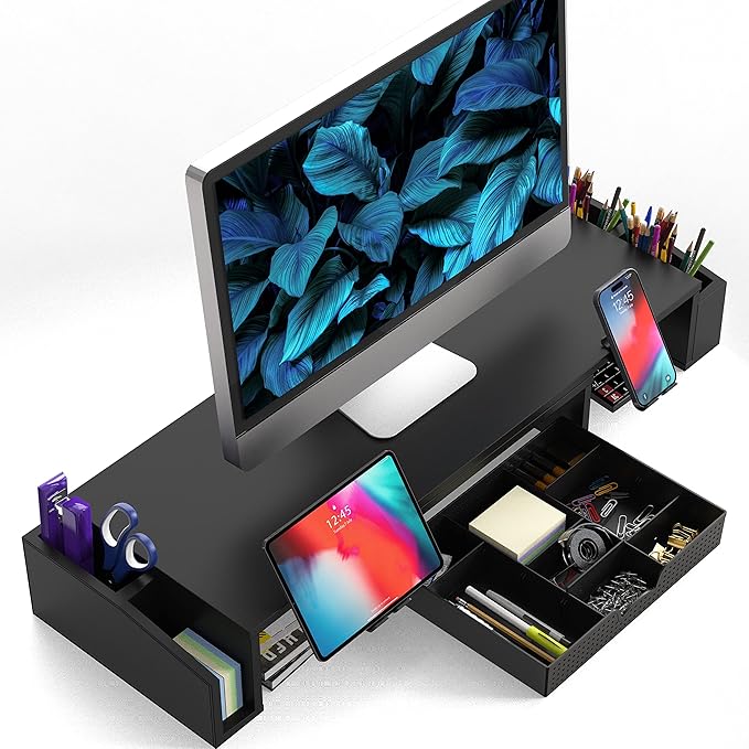 Simple Houseware Desk Dual Monitor Stand Riser with Drawer, Black | Customizable Organizer Tray, Built-In Phone & Tablet Slot and Side Storage - Image 2