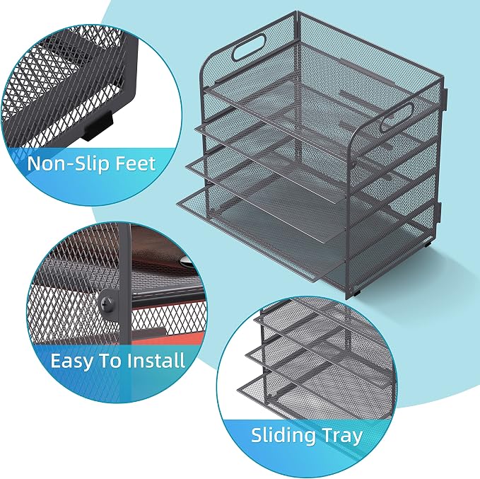 5 Trays Paper Organizer Letter Tray with Handle-Mesh Desk File Organizer, Grey Paper Sorter Desk Organizer for Office, Home or School - Image 3